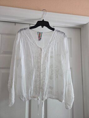 Johnny Was White Sheer Embroidered Blouse with Floral Label
